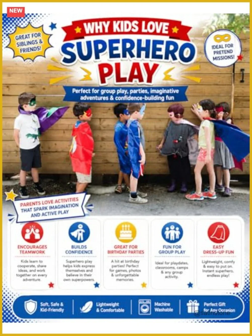 Superhero Cape & Mask Set for Kids, Satin Pretend Play, Felt Masks